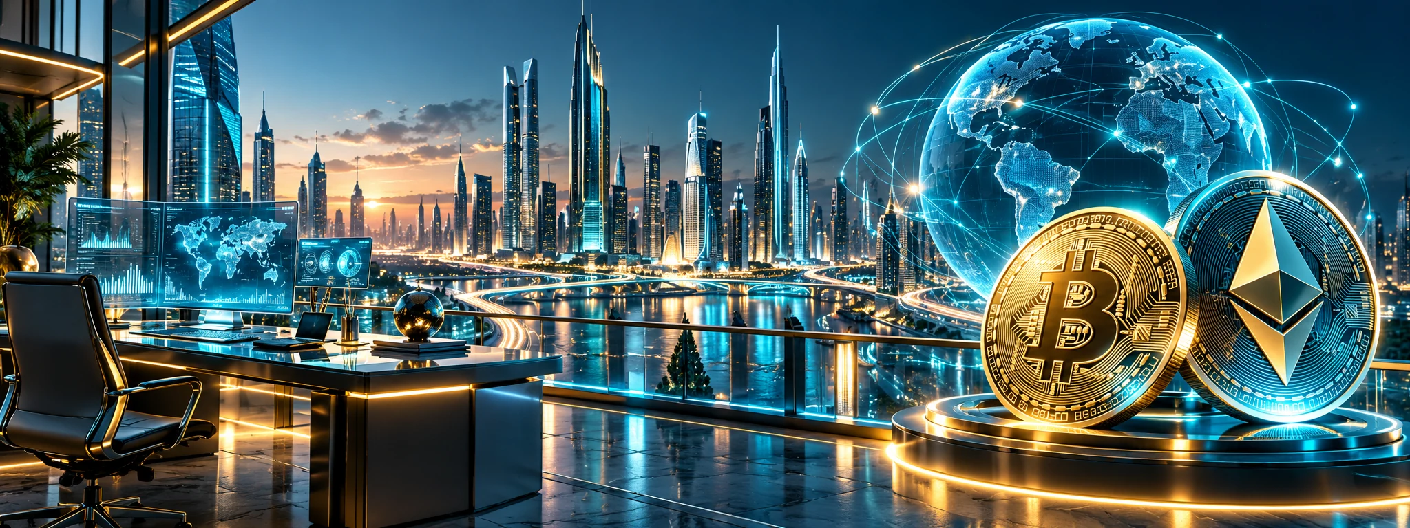 Ilustração futurista de negócios digitais, com uma cidade conectada e moedas de Bitcoin e Ethereum.